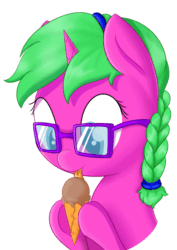Size: 895x1265 | Tagged: safe, artist:ether-star, oc, oc:raspberry tart, pony, unicorn, animated, braid, braided ponytail, commission, commissioner:puffydearlysmith, cute, female, filly, food, gif, glasses, headband, ice cream, ice cream cone, ponytail, solo, your character here