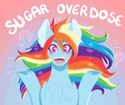 Size: 4662x3897 | Tagged: safe, artist:emalajissda, rainbow dash, pegasus, pony, g4, abstract background, absurd resolution, big ears, blushing, chest fluff, ear fluff, female, food, looking at you, mare, open mouth, overdose, rainbow muzzle, raised hoof, solo, speedpaint available, sugar (food), this will end in diabetes, windswept mane