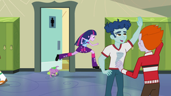 Size: 1920x1080 | Tagged: safe, screencap, curly winds, heath burns, scribble dee, some blue guy, spike, twilight sparkle, alicorn, dog, equestria girls, g4, my little pony equestria girls, background human, clothes, female, high five, leg warmers, male, offscreen character, pants, pleated skirt, running, skirt, spike the dog, this strange world, twilight sparkle (alicorn)