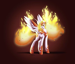 Size: 1280x1080 | Tagged: safe, artist:emalajissda, edit, daybreaker, alicorn, pony, g4, armor, better source needed, cropped, female, grayscale, jewelry, long legs, looking sideways, mane of fire, mare, monochrome, open mouth, regalia, solo, speedpaint available, spread wings, tall, turned head, wing armor, wings