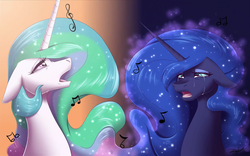 Size: 1727x1080 | Tagged: safe, artist:emalajissda, edit, princess celestia, princess luna, pony, lullaby for a princess, g4, better source needed, bust, cropped, crying, duo, ethereal mane, eyeshadow, female, floppy ears, gradient background, lidded eyes, looking up, makeup, mare, missing accessory, music notes, open mouth, royal sisters, singing, speedpaint available, starry mane