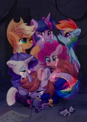 Size: 1692x2362 | Tagged: safe, artist:mirtash, applejack, pinkie pie, rainbow dash, rarity, twilight sparkle, oc, oc:littlepip, earth pony, pegasus, pony, unicorn, fallout equestria, rcf community, g4, clothes, cowboy hat, crying, eyes closed, fanfic, fanfic art, female, hat, heart eyes, hooves, horn, jumpsuit, mane six, mare, ministry mares, ministry mares statuette, one eye closed, saddle bag, smiling, statuette, vault suit, wingding eyes, wings