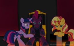 Size: 6320x3939 | Tagged: safe, artist:ejlightning007arts, sunset shimmer, tempest shadow, twilight sparkle, alicorn, pony, unicorn, g4, my little pony: the movie, alternate timeline, broken horn, butt, chair, clothes, equestria girls outfit, eye scar, horn, plot, scar, sitting, swimsuit, table, throne room, twilight sparkle (alicorn)