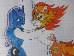 Size: 4128x3096 | Tagged: safe, artist:juani236, daybreaker, princess luna, alicorn, pony, g4, duo, duo female, female, graph paper, holding a pony, traditional art