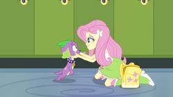 Size: 1920x1080 | Tagged: safe, screencap, fluttershy, spike, dog, human, equestria girls, g4, my little pony equestria girls, backpack, boots, clothes, female, lockers, male, out of context, paws, shoes, skirt, socks, spike the dog, spike's dog collar, tail