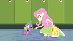 Size: 1920x1080 | Tagged: safe, screencap, fluttershy, spike, dog, equestria girls, g4, my little pony equestria girls, backpack, boots, clothes, dog treat, female, lockers, male, paws, shoes, sleeveless, smiling, spike the dog, spike's dog collar, tail, tank top