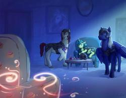 Size: 1920x1501 | Tagged: safe, artist:lusille, oc, oc only, oc:jade fire, oc:night song, oc:snoopy doo, earth pony, pegasus, pony, unicorn, fanfic:moon rise, armchair, chair, charms, couch, fanfic art, living room, magic, moonlight, night, shocked, table