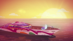 Size: 1280x720 | Tagged: safe, screencap, applejack, fluttershy, pinkie pie, rainbow dash, rarity, sci-twi, sunset shimmer, twilight sparkle, equestria girls, g4, i'm on a yacht, my little pony equestria girls: better together, female, humane five, humane seven, humane six, luxe deluxe, sunset, yacht