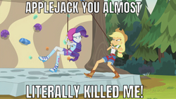 Size: 639x359 | Tagged: safe, edit, edited screencap, editor:undeadponysoldier, screencap, applejack, rarity, bronies react, equestria girls, g4, my little pony equestria girls: legend of everfree, camp everfree outfits, caption, climbing harness, climbing wall, helmet, image macro, implied death, meme, reference, rope, text, viva reverie