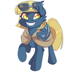 Size: 923x866 | Tagged: safe, artist:pillowrabbit, oc, oc only, bat pony, pony, bat pony oc, cloak, clothes, fangs, grin, raised hoof, simple background, smiling, solo, sunglasses, white background