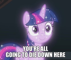 Size: 1286x1080 | Tagged: safe, edit, edited screencap, screencap, tree of harmony, twilight sparkle, pony, g4, season 8, what lies beneath, caption, cropped, female, image macro, implied death, meme, quote, red queen, resident evil, solo, text, treelight sparkle