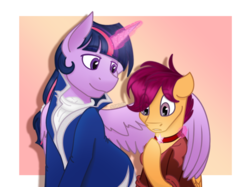 Size: 1185x885 | Tagged: safe, artist:stuflox, scootaloo, twilight sparkle, alicorn, pony, the count of monte rainbow, g4, albert de morcef, broadway, clothes, crossover, hug, magic, mondego, monsparkle, musical, pendant, scootabert, smiling, the count of monte cristo, twilight sparkle (alicorn), winghug