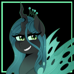 Size: 2940x2938 | Tagged: safe, artist:emera33, queen chrysalis, changeling, changeling queen, g4, black background, crown, female, green eyes, high res, jewelry, regalia, simple background, smiling, smirk, solo, teeth
