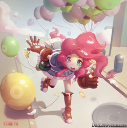 Size: 4399x4426 | Tagged: safe, artist:lmgchikess, pinkie pie, human, g4, absurd resolution, balloon, boots, clothes, cute, female, fingerless gloves, gloves, humanized, open mouth, pony coloring, shoes, solo, tailed humanization