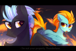 Size: 2449x1632 | Tagged: safe, artist:mirtash, lightning dust, thunderlane, pegasus, pony, rcf community, g4, angry, black bars, dialogue, dock, female, letterboxing, looking at each other, male, mare, shipping, stallion, story included, straight, thunderdust