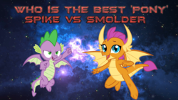 Size: 800x450 | Tagged: safe, artist:prospirit, smolder, spike, dragon, g4, best dragon, best pony, duo, fist, space, spread wings, text, vector used, vs., winged spike, wings
