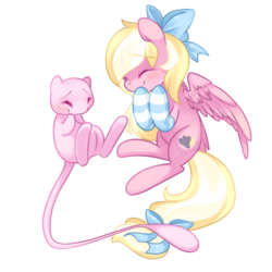Size: 1300x1300 | Tagged: safe, artist:loyaldis, oc, oc only, oc:bay breeze, mew, pegasus, pony, bow, clothes, crossover, eyes closed, female, hair bow, mare, pokémon, simple background, socks, striped socks, tail bow, transparent background