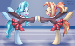 Size: 3150x1950 | Tagged: safe, artist:shad0w-galaxy, lighthoof, shimmy shake, earth pony, pony, 2 4 6 greaaat, g4, clothes, cute, dancing, female, lightorable, looking at you, mare, patreon, patreon logo, pleated skirt, ponytail, shakeabetes, skirt, smiling, that was fast, underhoof