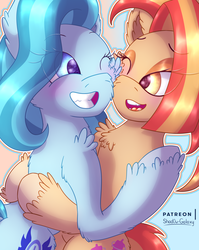 Size: 2083x2611 | Tagged: safe, artist:shad0w-galaxy, lighthoof, shimmy shake, earth pony, pony, 2 4 6 greaaat, g4, blushing, chest fluff, female, high res, hug, mare, patreon, patreon logo, smiling, that was fast