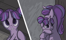 Size: 1200x730 | Tagged: safe, artist:inkygarden, starlight glimmer, pony, unicorn, the cutie re-mark, cropped, crying, cute, double the glimmer, eyes closed, feels, female, filly, filly starlight glimmer, floppy ears, frown, glimmerbetes, heartwarming, hug, lidded eyes, looking at you, looking up, mare, no catchlights, offscreen character, pov, rain, sad, self adoption, self ponidox, sitting, teary eyes, this will end in timeline distortion, time paradox, time travel, wavy mouth, wide eyes, younger