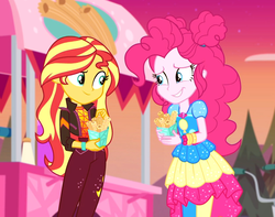Size: 1252x988 | Tagged: safe, screencap, pinkie pie, sunset shimmer, equestria girls, equestria girls specials, g4, my little pony equestria girls: better together, my little pony equestria girls: sunset's backstage pass, bicycle, churros, clothes, cropped, cute, diapinkes, duo, duo female, female, food, food stand, geode of sugar bombs, magical geodes, outdoors, pantyhose, shimmerbetes, shipping fuel, smiling