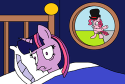 Size: 906x610 | Tagged: safe, artist:logan jones, pinkie pie, twilight sparkle, pony, g4, bed, dancing, disturbed, hat, hitchhiking, meme, pioneer, pizza delivery, ponified meme, spongebob squarepants, trying to sleep, window