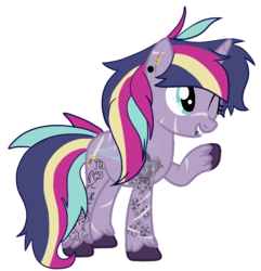 Size: 903x938 | Tagged: safe, artist:dreamybae, artist:rukemon, oc, oc only, oc:starbright sword, pony, unicorn, icey-verse, base used, commission, ear piercing, earring, female, jewelry, lip piercing, mare, offspring, one eye closed, parent:princess cadance, parent:shining armor, parents:shiningcadance, piercing, raised hoof, simple background, solo, tattoo, trans female, transgender, transparent background, unshorn fetlocks, wink