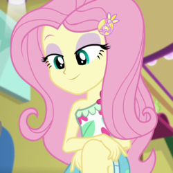 Size: 1080x1080 | Tagged: safe, screencap, fluttershy, equestria girls, equestria girls series, g4, spring breakdown, spoiler:eqg series (season 2), cropped, female, geode of fauna, knee, lidded eyes, magical geodes, smiling, solo