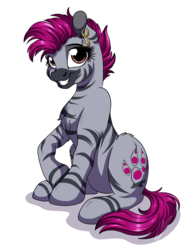 Size: 1920x2560 | Tagged: safe, artist:lupiarts, oc, oc only, oc:zjin-wolfwalker, pony, zebra, chest fluff, ear piercing, earring, female, jewelry, piercing, quadrupedal, simple background, sitting, smiling, solo, transparent background