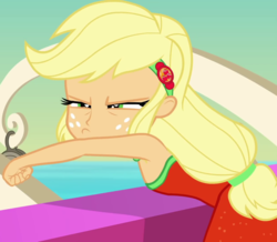 Size: 1240x1080 | Tagged: safe, screencap, applejack, equestria girls, equestria girls specials, g4, my little pony equestria girls: better together, my little pony equestria girls: spring breakdown, angry, applejack is not amused, armpits, cropped, female, geode of super strength, magical geodes, sleeveless, solo, unamused