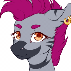 Size: 1000x1000 | Tagged: safe, artist:hazepages, oc, oc:zjin-wolfwalker, pony, zebra, animated, blinking, bust, ear piercing, earring, female, gif, jewelry, looking at you, piercing, quadrupedal, simple background, solo, transparent background