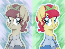 Size: 5000x3750 | Tagged: safe, artist:litrojia, torque wrench, earth pony, pony, g4, rainbow roadtrip, abstract background, absurd resolution, atorqueable, chest fluff, clothes, cute, desaturated, duality, female, frown, happy, mare, sad, sitting, smiling