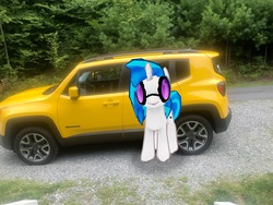 Size: 4032x3024 | Tagged: safe, gameloft, photographer:undeadponysoldier, dj pon-3, vinyl scratch, pony, unicorn, g4, augmented reality, car, female, irl, jeep, jeep renegade, mare, photo, ponies in real life, solo, tree, vinyl's glasses