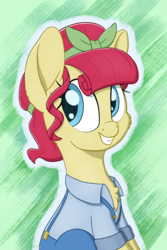 Size: 2500x3750 | Tagged: safe, alternate version, artist:litrojia, torque wrench, earth pony, pony, g4, rainbow roadtrip, abstract background, atorqueable, cheek fluff, chest fluff, clothes, cute, female, frown, happy, high res, mare, sitting, smiling, solo