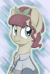 Size: 2500x3750 | Tagged: safe, alternate version, artist:litrojia, torque wrench, earth pony, pony, g4, rainbow roadtrip, abstract background, atorqueable, chest fluff, clothes, cute, desaturated, female, frown, happy, high res, mare, sitting, smiling, solo