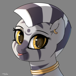 Size: 700x700 | Tagged: safe, artist:hardbrony, oc, oc only, pony, zebra, :p, bust, ear piercing, earring, female, gray background, jewelry, looking at you, neck rings, piercing, quadrupedal, simple background, solo, tongue out