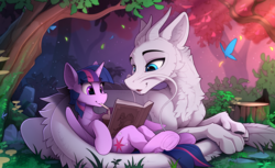 Size: 2300x1407 | Tagged: safe, artist:yakovlev-vad, twilight sparkle, oc, oc:zefiroth, alicorn, butterfly, dragon, eastern dragon, ferret, hybrid, pony, g4, book, cute, drink, duo, fantastic beasts and where to find them, female, forest, frog (hoof), harry potter (series), male, mare, non-mlp oc, prone, reading, scenery, scenery porn, slender, straw, thin, tree, tree stump, twilight sparkle (alicorn), underhoof