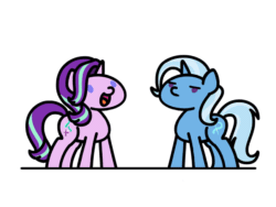 Size: 648x486 | Tagged: safe, artist:flutterluv, starlight glimmer, trixie, pony, unicorn, g4, student counsel, animated, chibi, cute, diatrixes, duo, female, glimmerbetes, mare, palindrome get, simple background, teleportation, unamused, white background