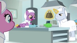 Size: 1920x1080 | Tagged: safe, screencap, lavender flask, platinum cure, raspberry cotton, pony, g4, the last laugh, clothes, factory, gag factory, lab coat, magic, male, stallion, weight, whoopee cushion