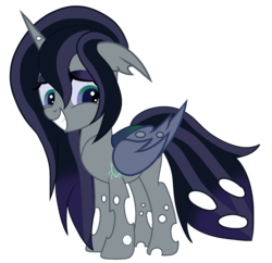 Size: 1117x1082 | Tagged: safe, artist:dreamybae, artist:rukemon, oc, oc only, oc:princess black lichen, changeling, changepony, hybrid, icey-verse, base used, changeling oc, commission, eyeshadow, female, grin, interspecies offspring, makeup, mare, offspring, parent:queen chrysalis, parent:shining armor, parents:shining chrysalis, simple background, smiling, solo, transparent background, white changeling