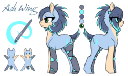 Size: 2882x1734 | Tagged: safe, artist:arctic-fox, oc, oc only, oc:ash wing, earth pony, pony, amputee, cyber legs, eye clipping through hair, female, mare, mechanical legs, reference sheet, solo