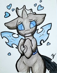 Size: 1280x1652 | Tagged: safe, artist:zutcha, changeling, blue changeling, cute, freckles, heart, signature, solo, traditional art