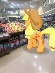 Size: 3024x4032 | Tagged: safe, gameloft, photographer:undeadponysoldier, applejack, earth pony, pony, g4, apple, augmented reality, female, food, grocery store, hat, irl, lowes foods, mare, photo, ponies in real life, produce