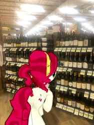 Size: 3024x4032 | Tagged: safe, gameloft, photographer:undeadponysoldier, cherry jubilee, earth pony, pony, g4, alcohol, augmented reality, female, grocery store, lowes foods, mare, wine, wine bottle