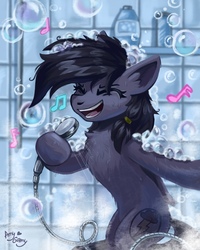 Size: 864x1080 | Tagged: safe, artist:ami-gami, oc, oc only, oc:mir, pegasus, pony, bipedal, chest fluff, commission, female, mare, shower, singing, singing in the shower, solo, ych result
