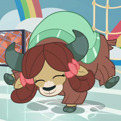 Size: 537x537 | Tagged: safe, screencap, yona, yak, 2 4 6 greaaat, g4, bow, buckball, cloven hooves, cropped, cute, dancing, eyes closed, female, gym, hair bow, happy, monkey swings, smiling, solo, stomping, yonadorable