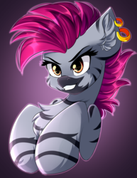 Size: 3433x4444 | Tagged: safe, artist:airiniblock, oc, oc only, oc:zjin-wolfwalker, pony, zebra, rcf community, abstract background, bust, chest fluff, ear piercing, earring, female, grin, jewelry, piercing, quadrupedal, smiling, solo
