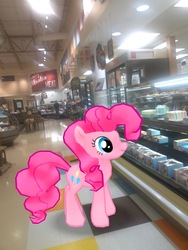 Size: 3024x4032 | Tagged: safe, gameloft, photographer:undeadponysoldier, pinkie pie, earth pony, pony, g4, augmented reality, cake, female, food, grocery store, irl, lowes foods, mare, photo, ponies in real life