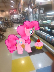 Size: 3024x4032 | Tagged: safe, gameloft, photographer:undeadponysoldier, pinkie pie, pony, g4, augmented reality, cake, cherry, cupcake, female, food, grocery store, irl, lowes foods, mare, photo, ponies in real life