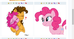 Size: 577x307 | Tagged: safe, artist:sketchmcreations, artist:valiantstar00, cheese sandwich, pinkie pie, earth pony, pony, derpibooru, g4, the last laugh, blushing, chest fluff, ear fluff, eyes closed, female, floppy ears, heart, hug, juxtaposition, kissing, male, mare, meta, missing accessory, ship:cheesepie, shipping, simple background, smiling, stallion, straight, vector, white background